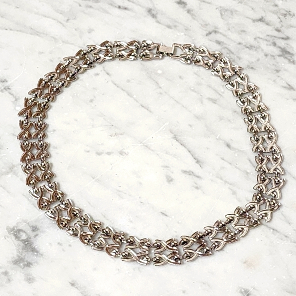 Vtg Modernist Necklace  Stamped Silver Tone Metal Double X Link  18" x 3/4"